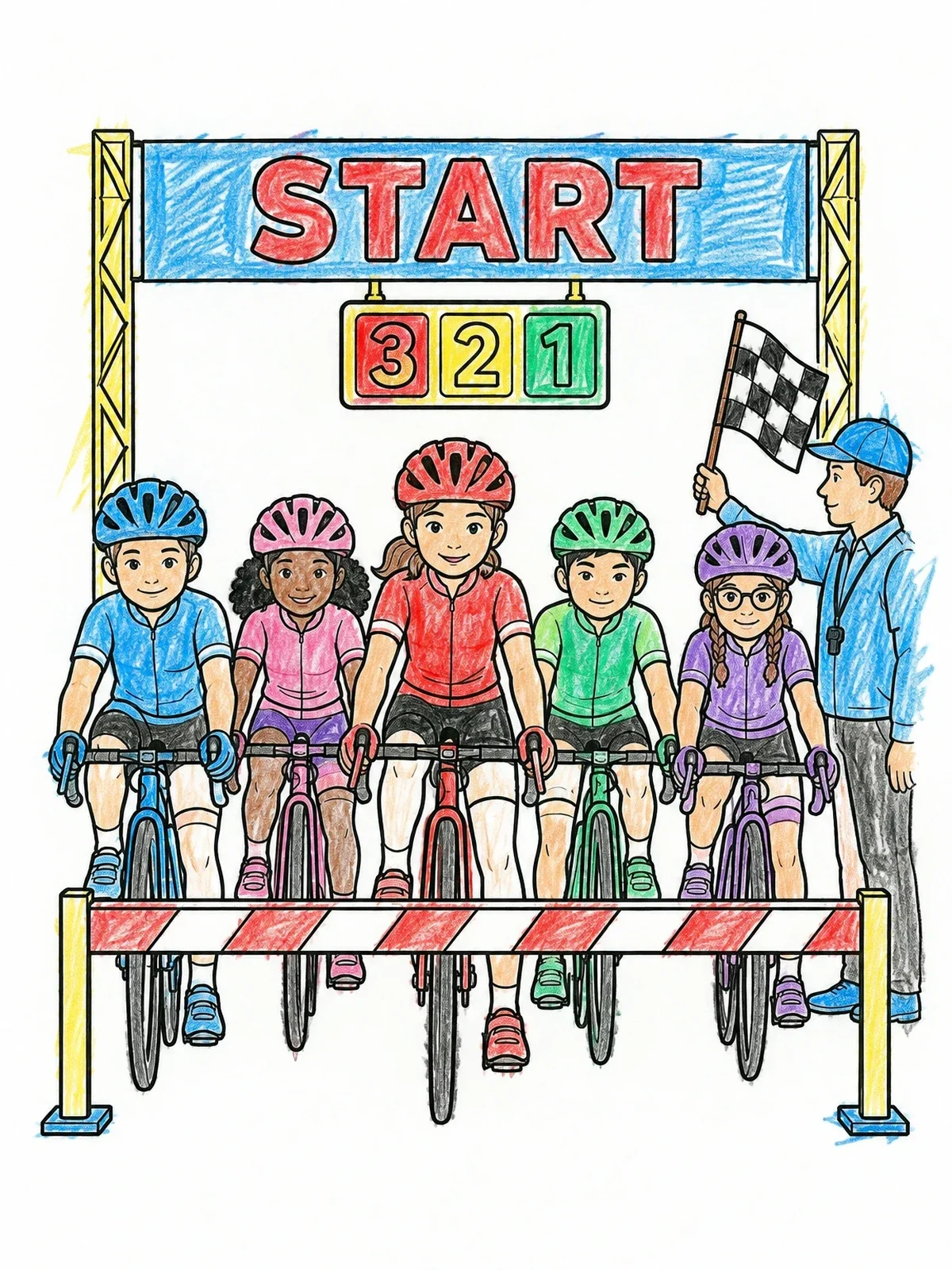 Colored example of the Young Cyclists At The Starting Line coloring page