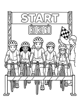 Free printable Young Cyclists At The Starting Line coloring page