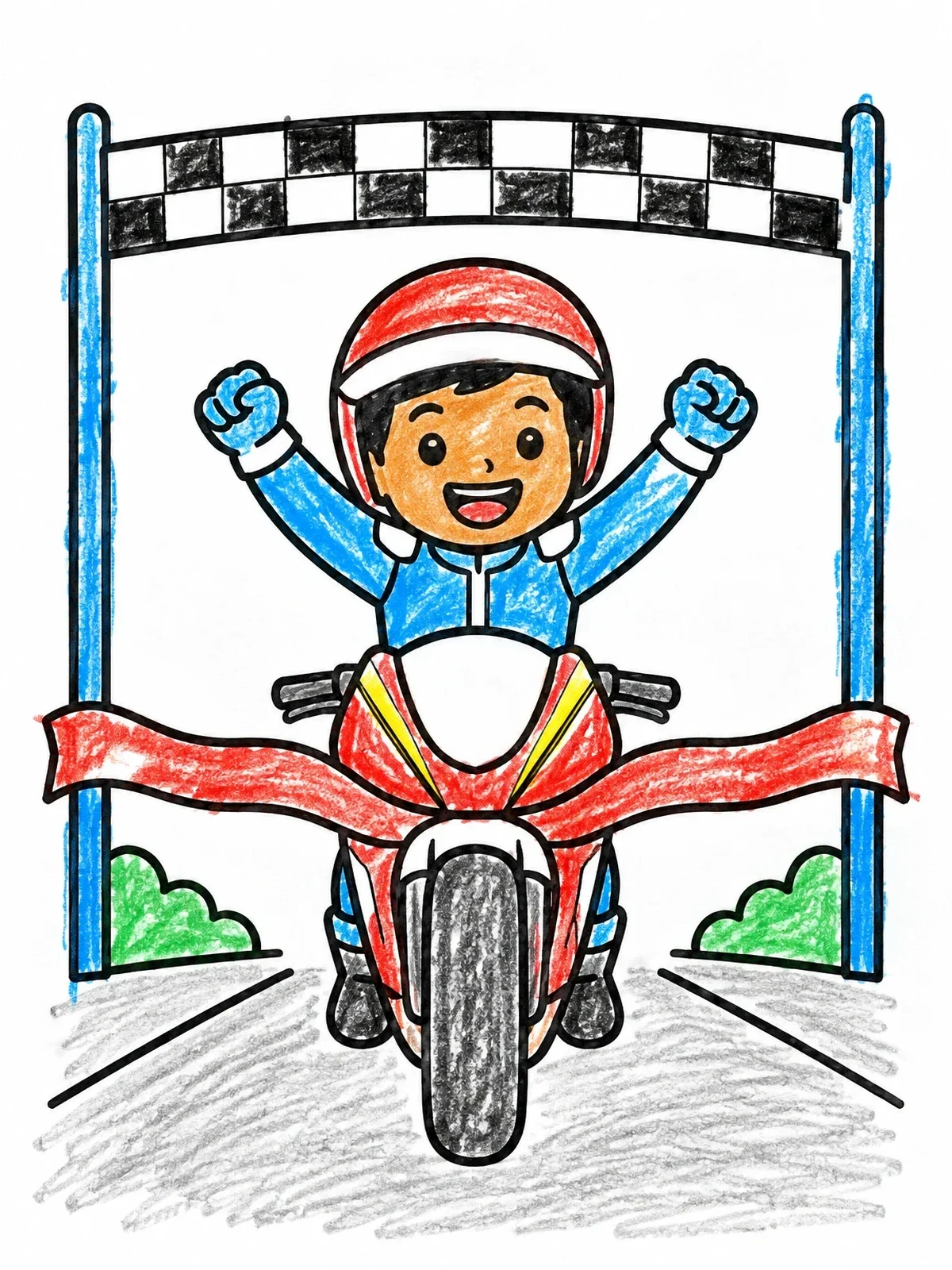 Colored example of the Young Racer Winning The Finish Line coloring page
