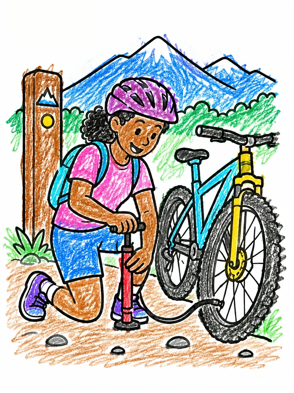 Colored example of the Cyclist Inflating Bike Tire On Trail coloring page