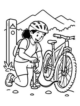 Free printable Cyclist Inflating Bike Tire On Trail coloring page
