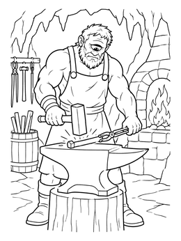 A cyclops coloring page showing a mythological blacksmith forging metal on an anvil in a cave.
