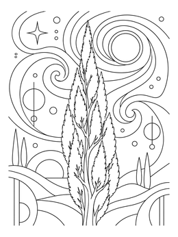 A cypress tree rises into swirling night sky patterns in this starry night coloring page.