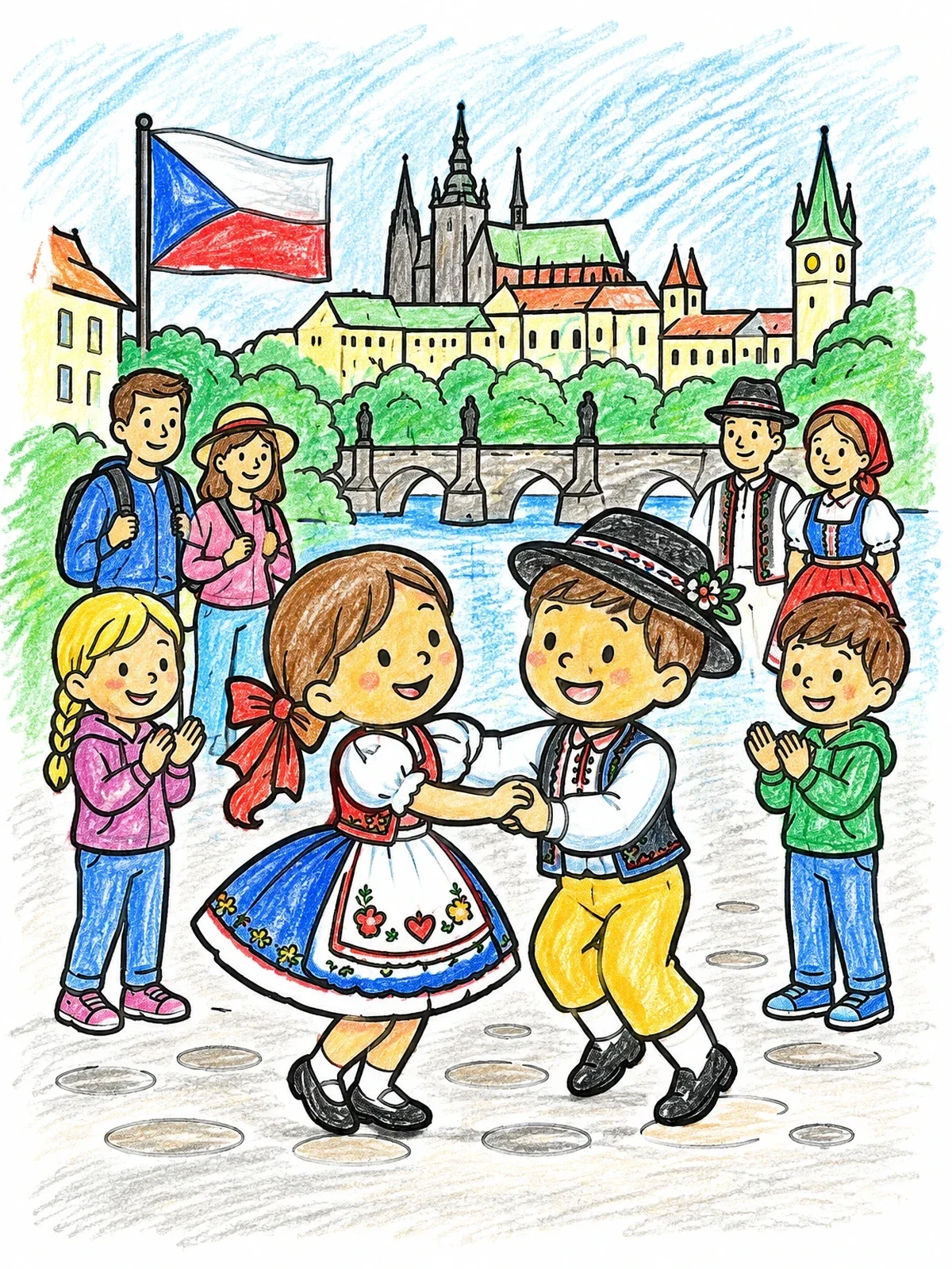 Colored example of the Children Dancing In Czech Folk Costumes coloring page