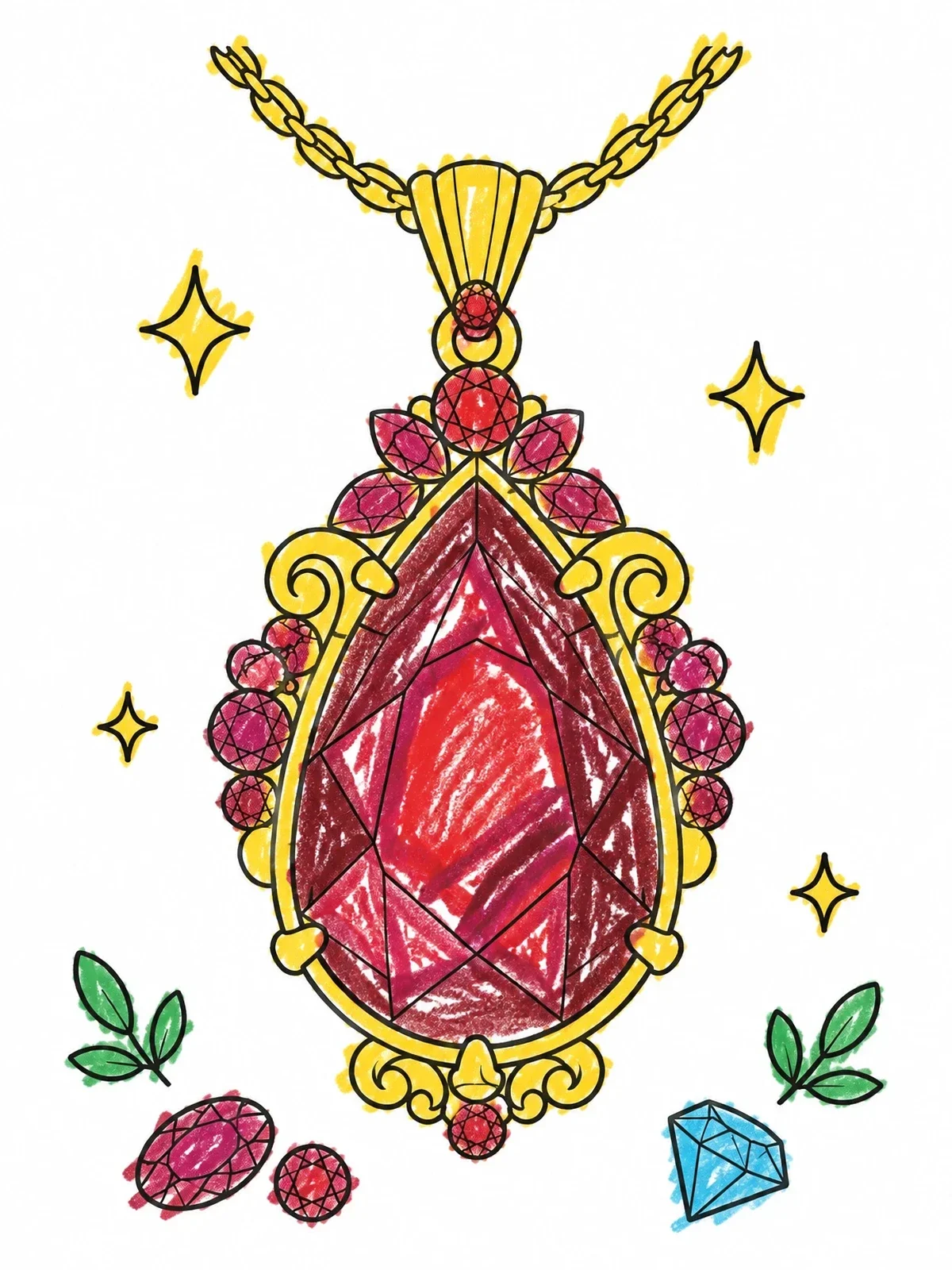 Colored example of the Bohemian Garnet Gemstone Pendant coloring page