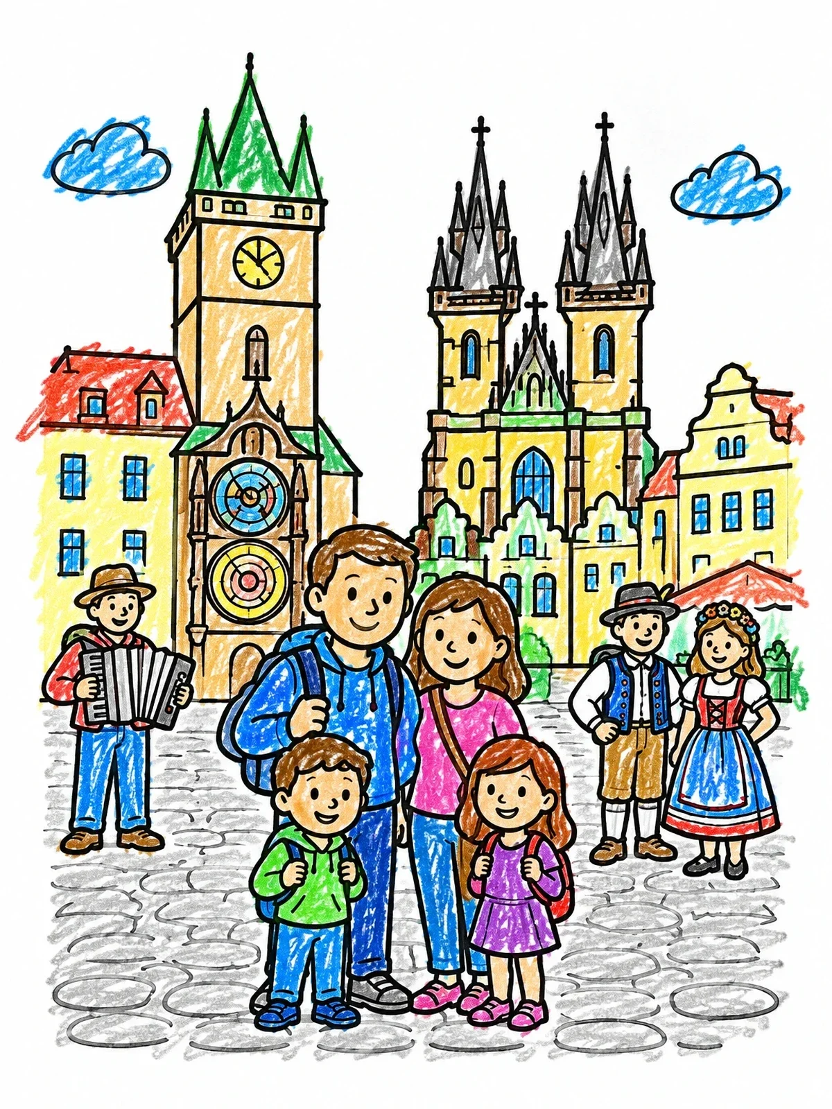 Colored example of the Family Visiting Old Town Square Prague coloring page