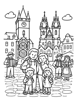 Free printable Family Visiting Old Town Square Prague coloring page