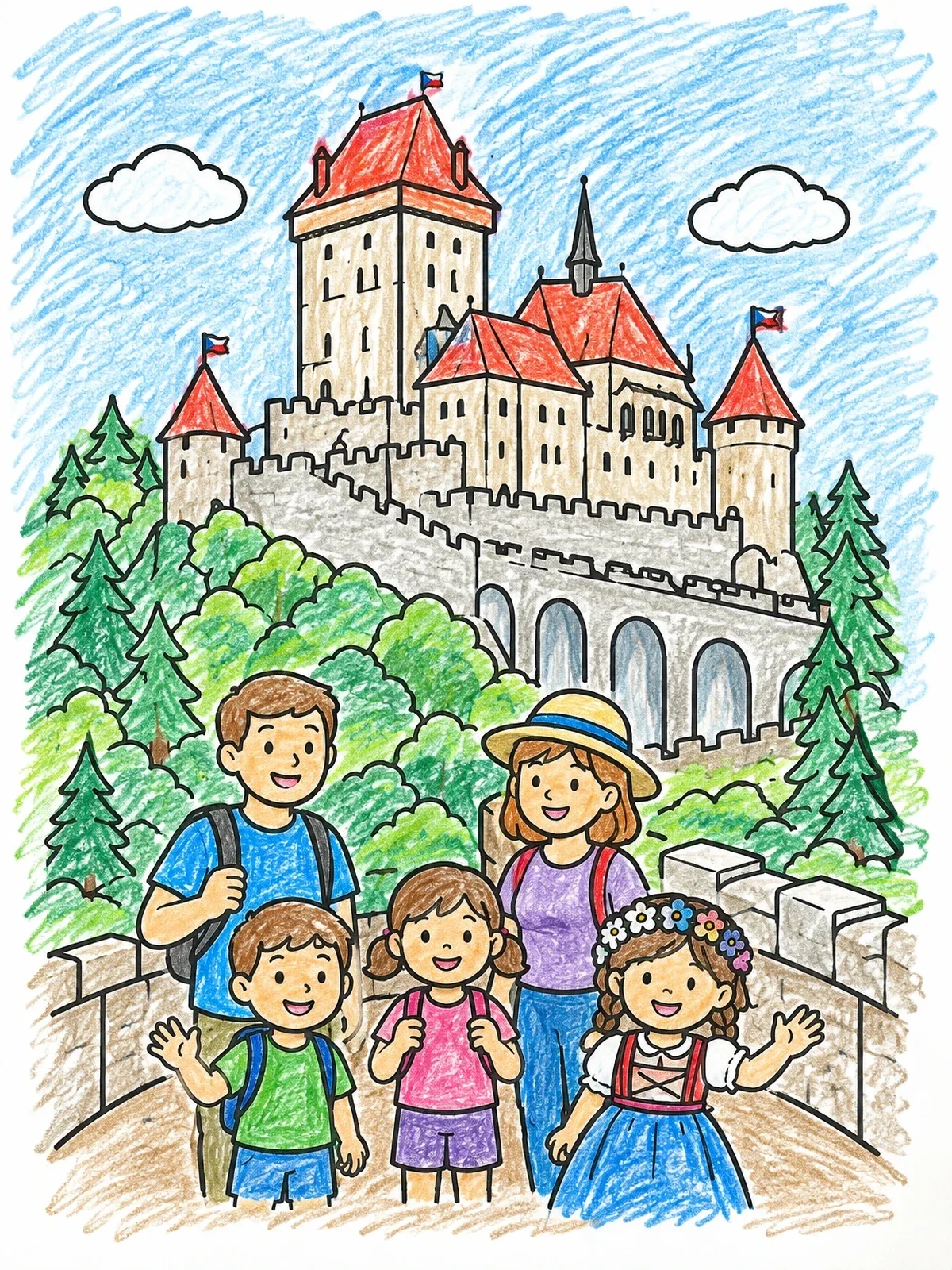 Colored example of the Family Visiting Karlstejn Castle coloring page