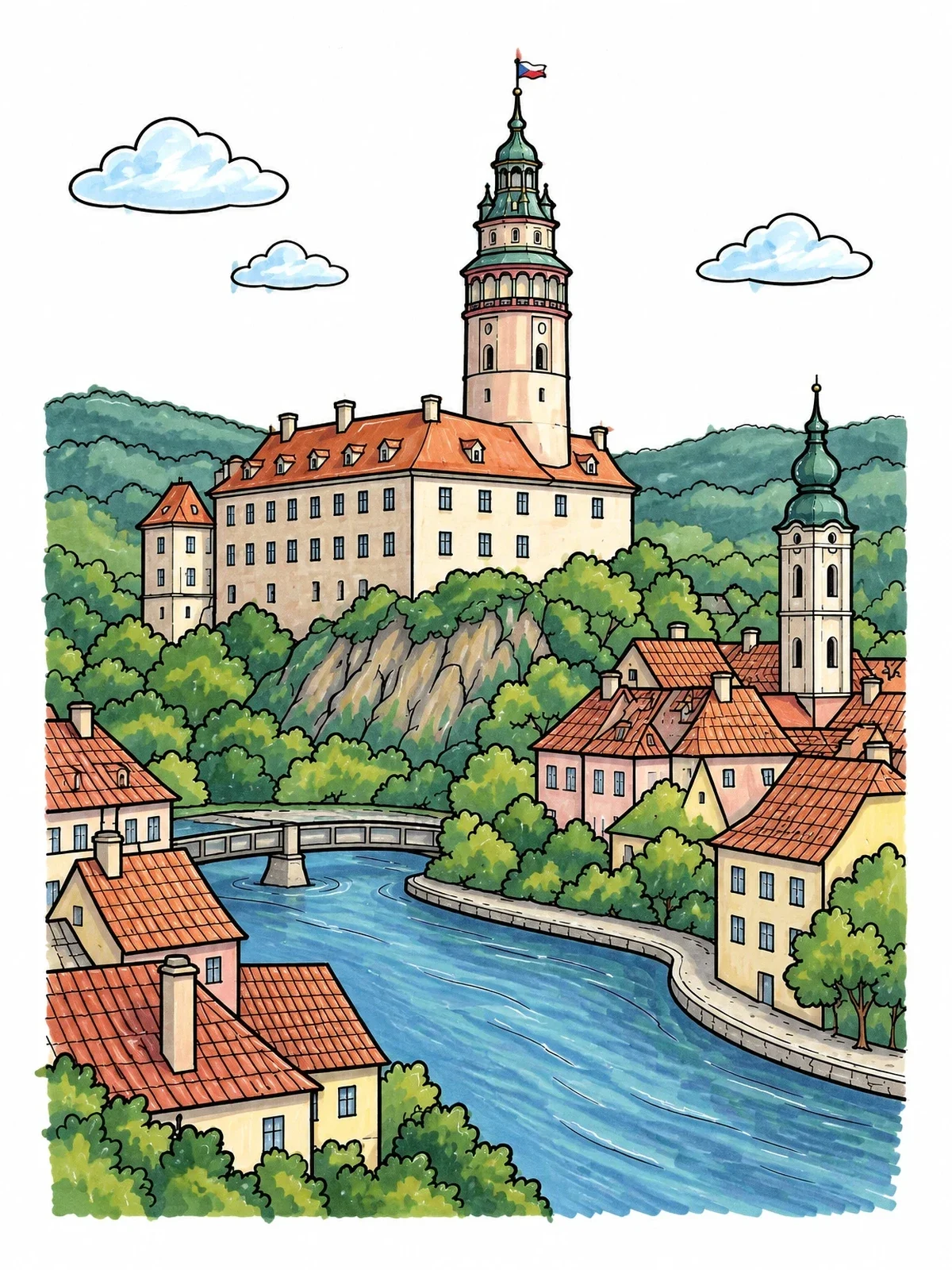 Colored example of the Historic Cesky Krumlov Castle View coloring page