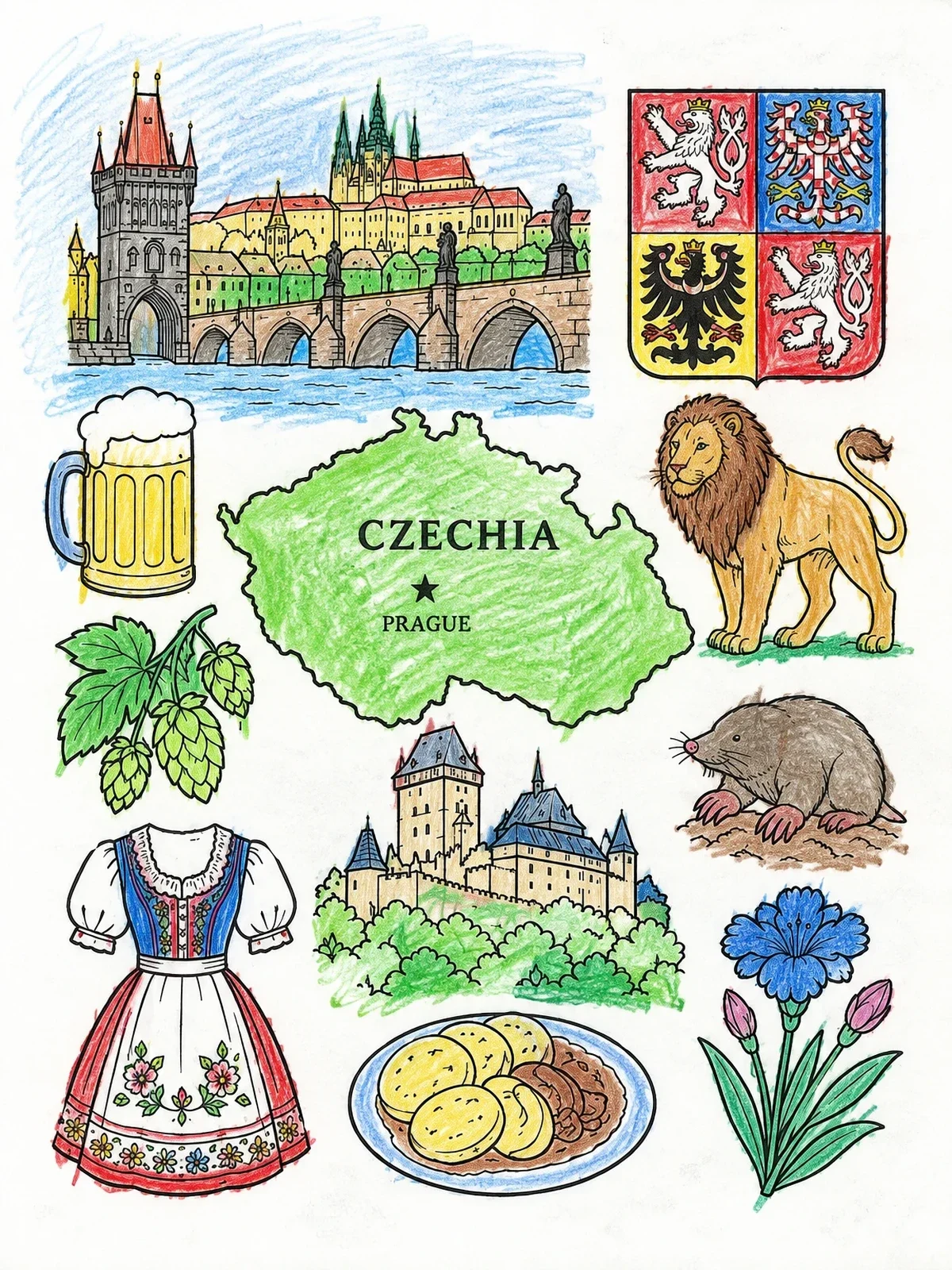 Colored example of the Czech Republic Map And Cultural Symbols coloring page