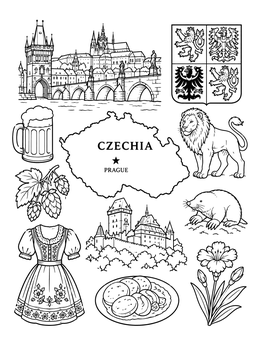 Free printable Czech Republic Map And Cultural Symbols coloring page