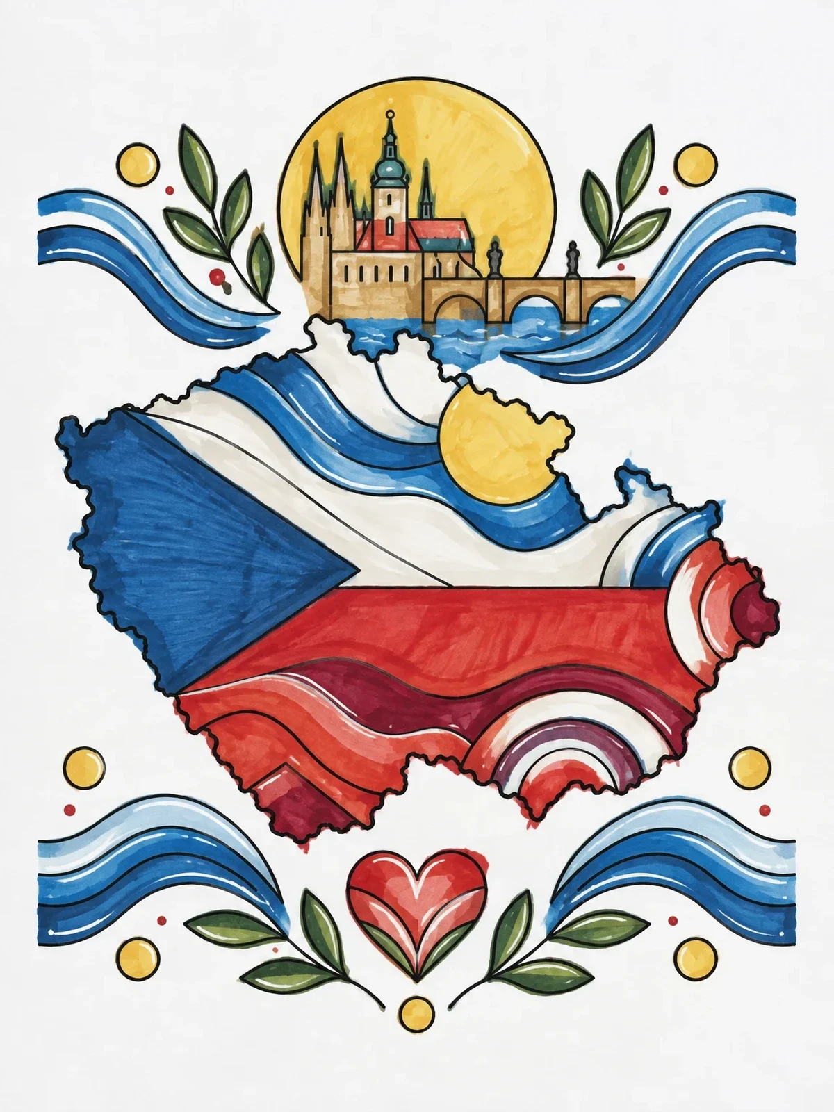 Colored example of the Czech Republic Map And Prague Skyline coloring page
