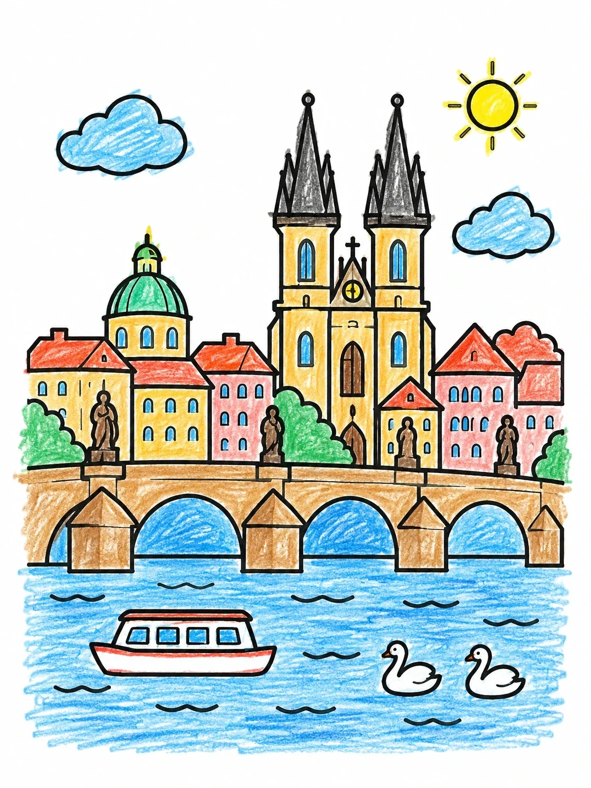Colored example of the Prague Charles Bridge And River View coloring page