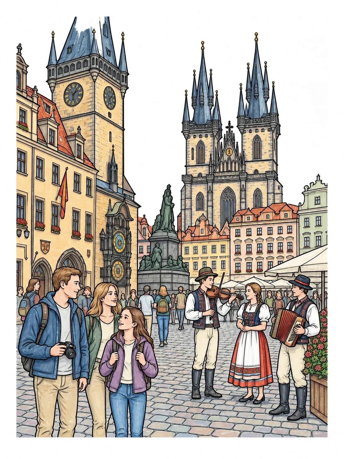 Colored example of the Prague Old Town Square Scene coloring page