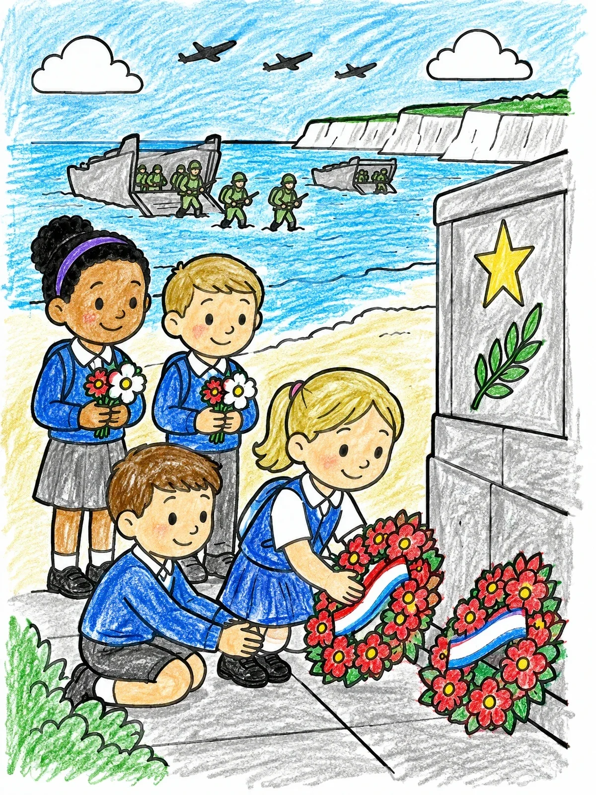 Colored example of the Schoolchildren Honoring D Day Memorial coloring page