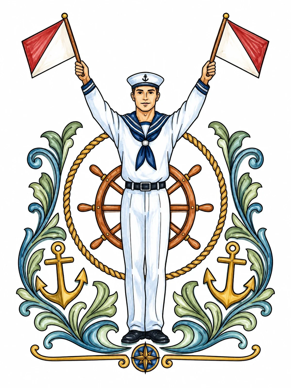 Colored example of the Naval Signalman With Semaphore Flags coloring page