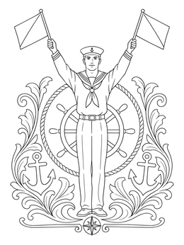 A naval sailor holds signal flags overhead in this detailed d day coloring page.