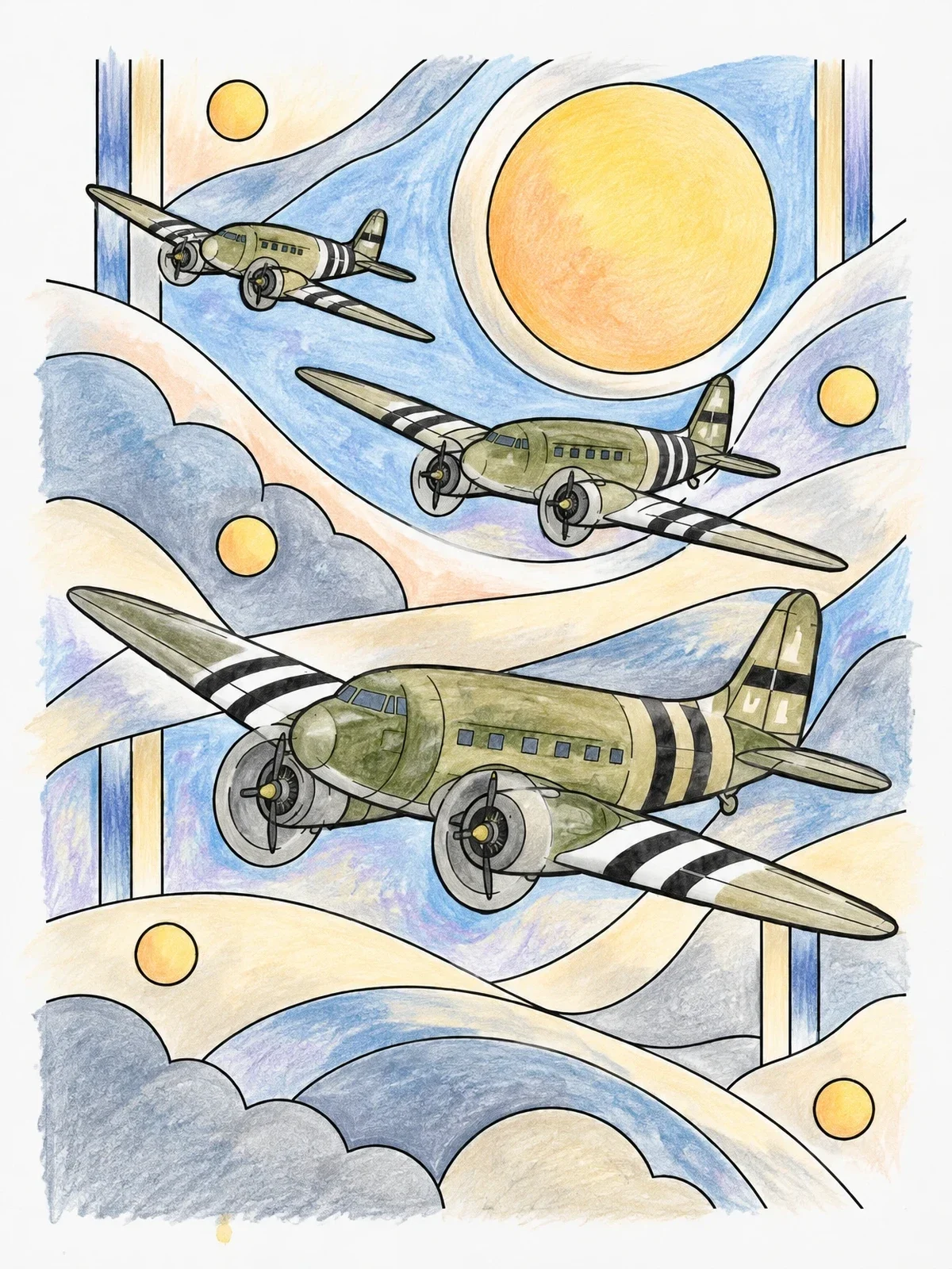 Colored example of the Vintage Transport Planes In Formation coloring page