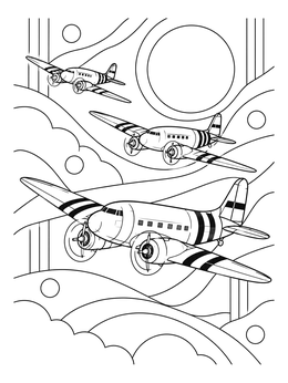 Vintage military transport aircraft flying in the sky on this d day coloring page.