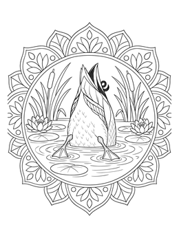 A duck coloring page showing a mallard bottom-up in a pond framed by an ornate mandala.