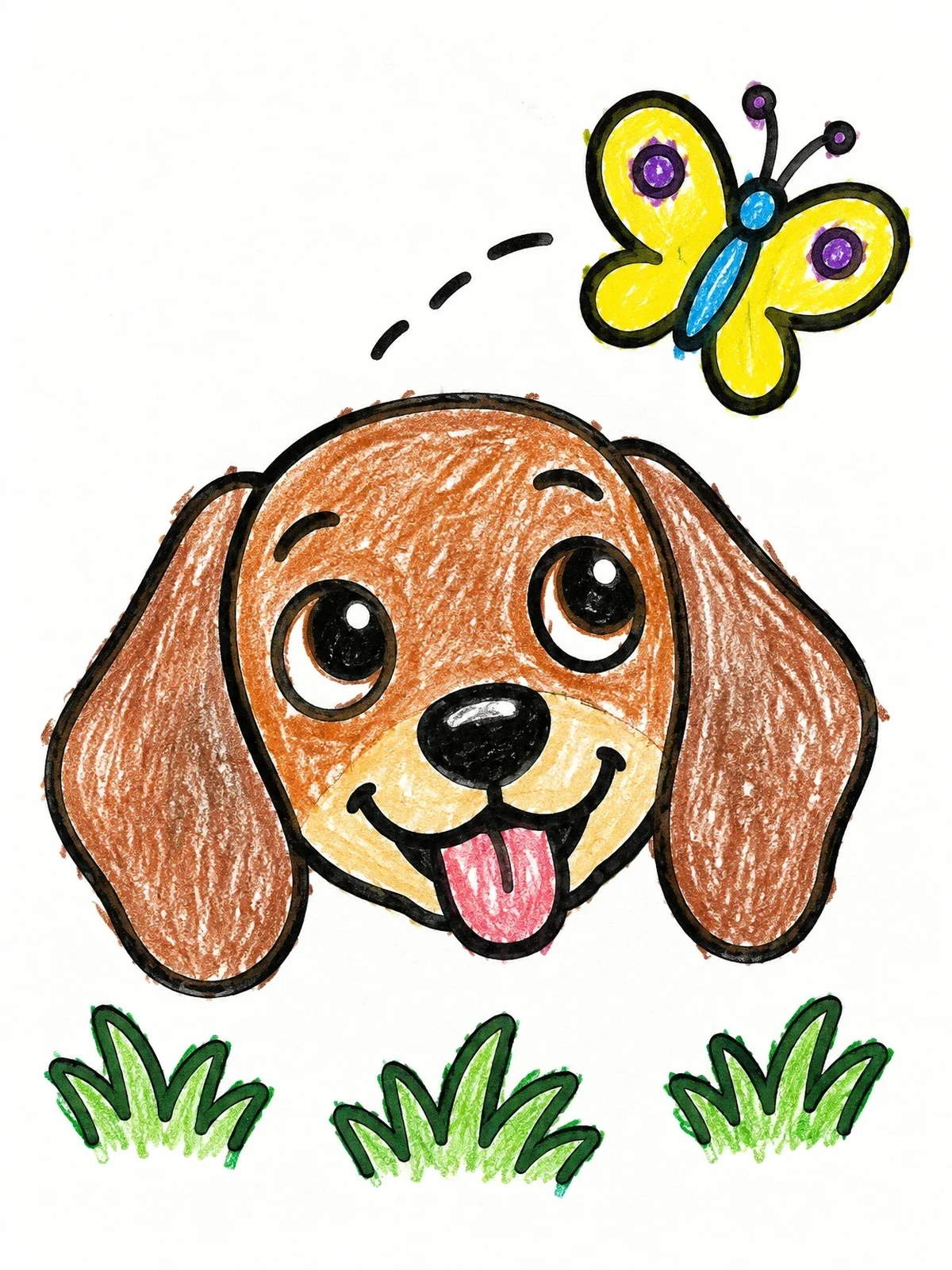 Colored example of the Happy Puppy Watching A Butterfly coloring page