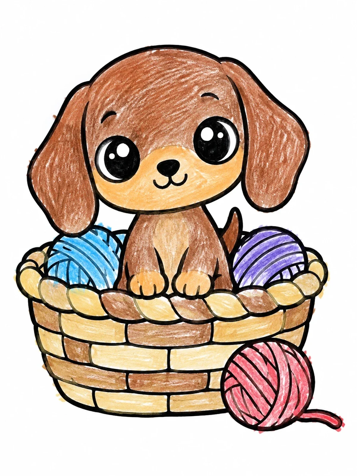 Colored example of the Cute Puppy In Yarn Basket coloring page