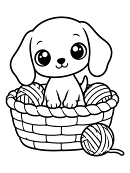 Free printable Cute Puppy In Yarn Basket coloring page