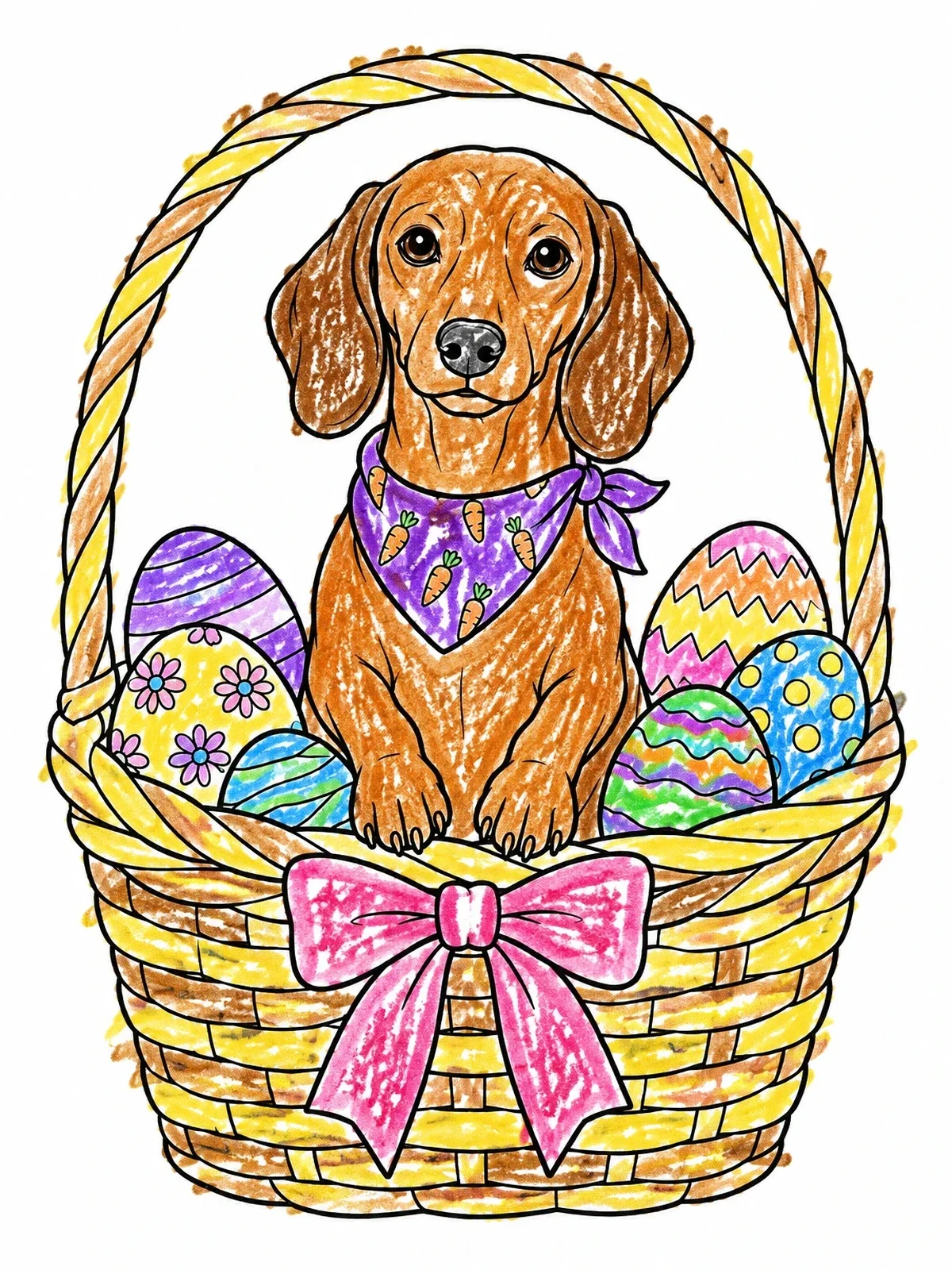 Colored example of the Dachshund In Easter Basket coloring page