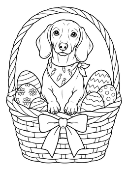 A sweet easter dog coloring page featuring a dachshund in a basket with eggs.