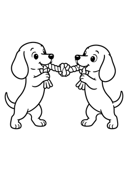 Two cheerful puppies play tug-of-war on this dachshund coloring page.