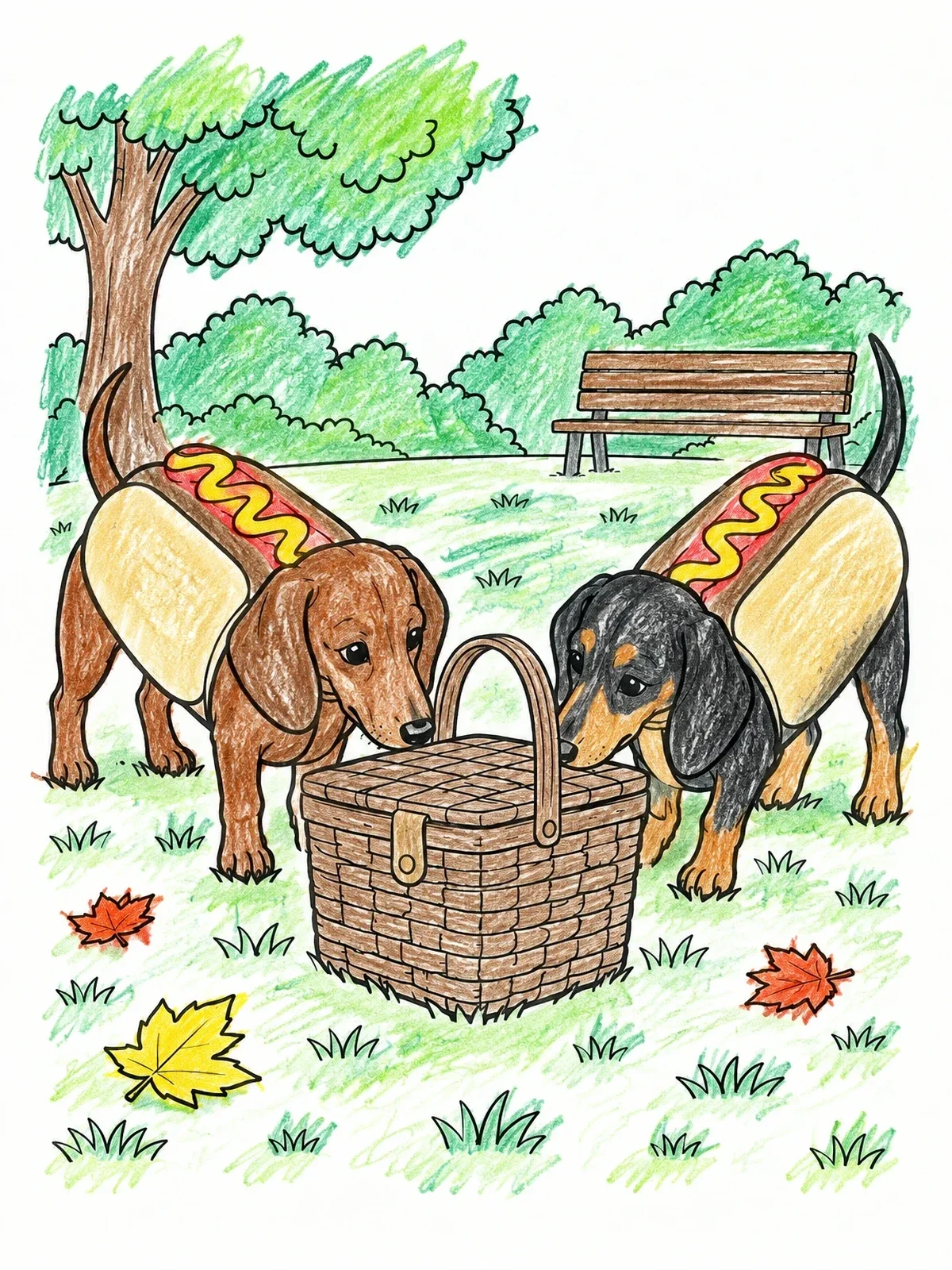 Colored example of the Dachshunds In Hot Dog Costumes coloring page