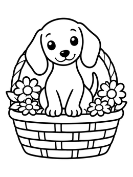 Free printable Cute Dachshund Puppy In A Flower Basket coloring page