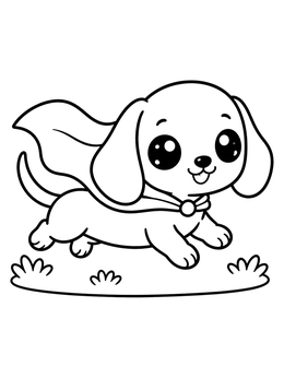 A playful puppy in this dachsund coloring page zooms across the grass wearing a superhero cape.