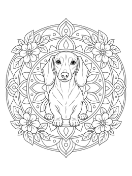 A peaceful dachshund coloring page framed by floral mandala patterns.