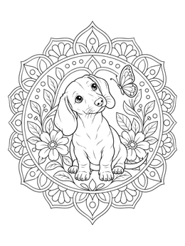 An ornate dachsund coloring page featuring a cute puppy looking up at a butterfly inside a floral mandala.