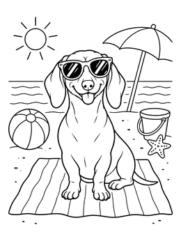 A cool dachsund coloring page featuring a smiling dog in sunglasses sitting on a beach towel.