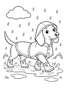 Free printable Dachshund Splashing In Rain Boots coloring page