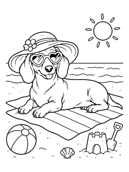 Free printable Dachshund Sunbathing On The Beach coloring page