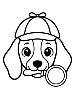 A dachsund coloring page showing a playful puppy detective wearing a cap and holding a magnifying glass.