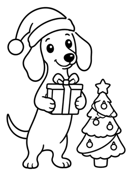 A cheerful pup in this dachshund coloring page holds a gift by a Christmas tree.