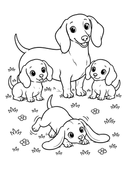 Free printable Playful Dachshund Family On Grass coloring page