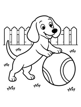 A happy puppy plays outdoors in this dachsund coloring page with a large ball.