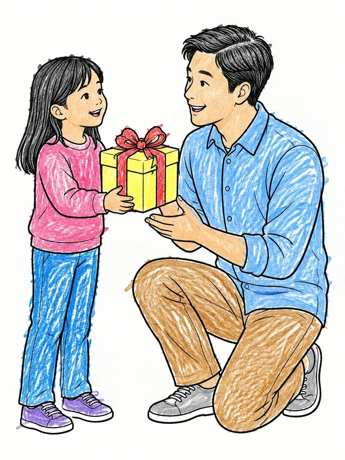 Colored example of the Daughter Giving Gift To Father coloring page