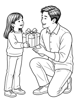 A smiling girl hands a wrapped present on this dad and daugher coloring page.