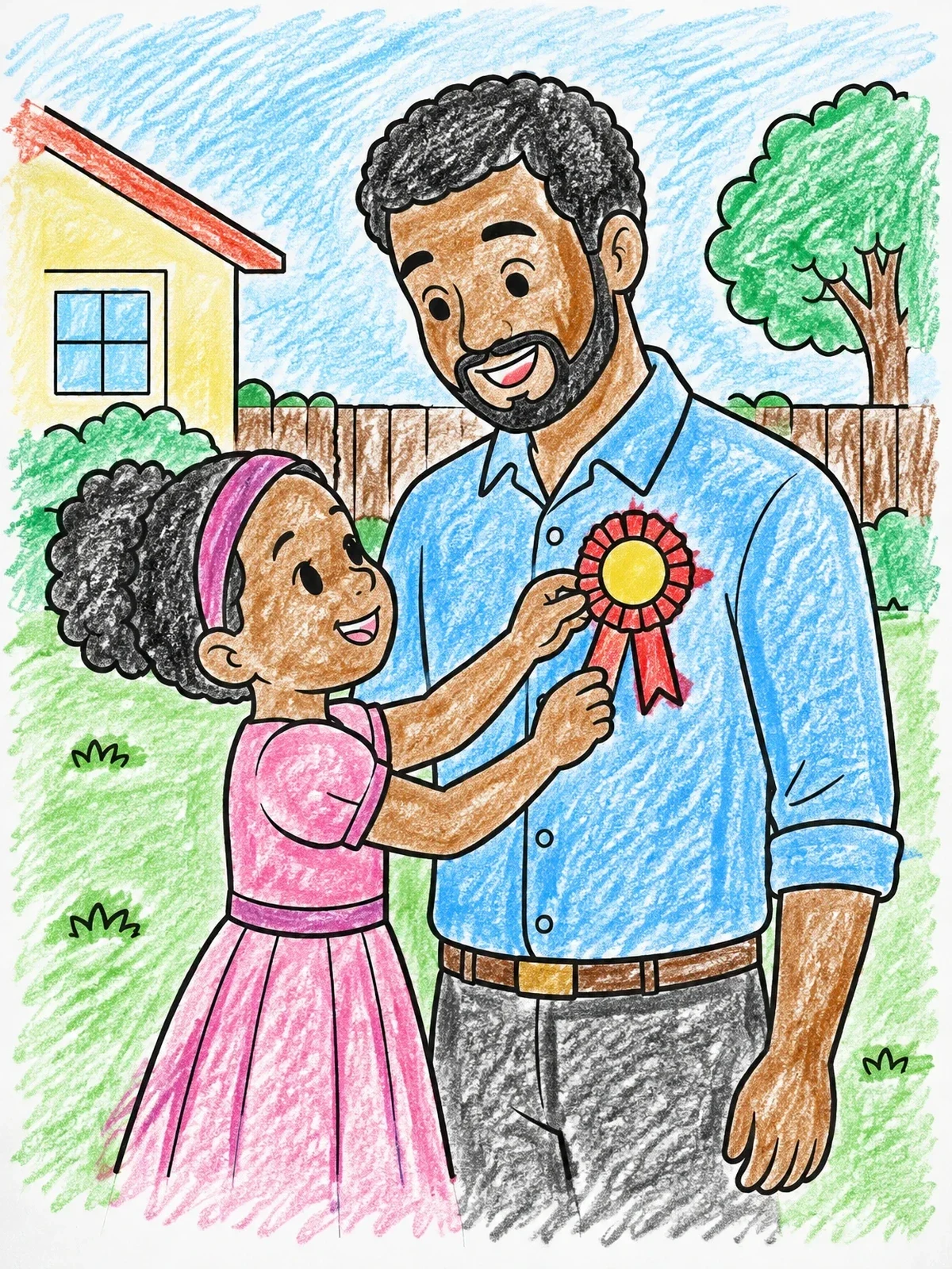 Colored example of the Daughter Pinning Badge On Father coloring page