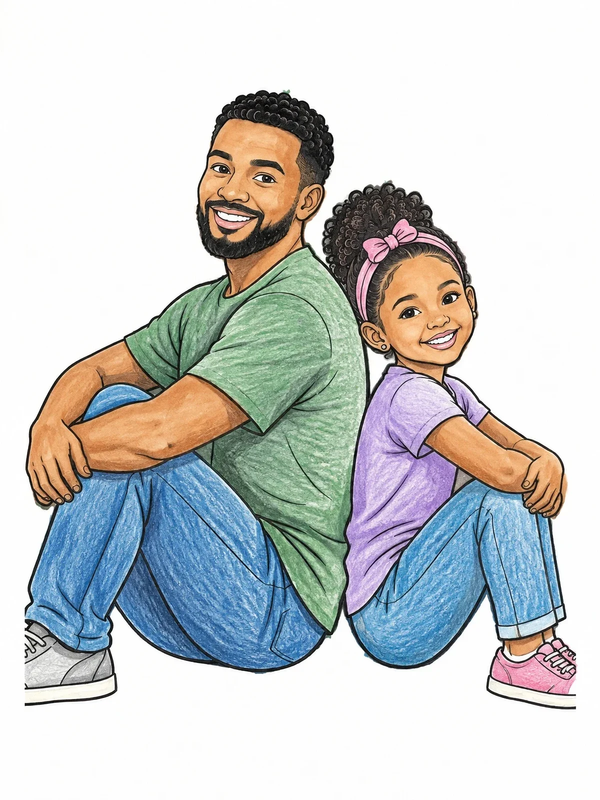 Colored example of the Father And Daughter Sitting Back To Back coloring page