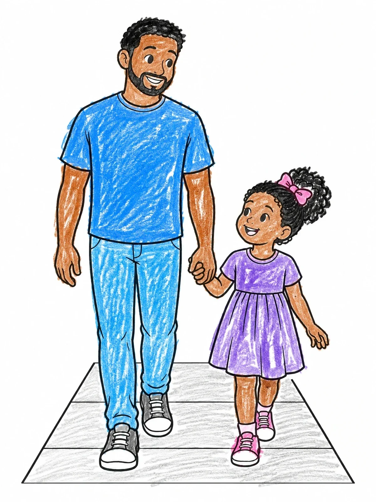Colored example of the Father And Daughter Walking Together coloring page