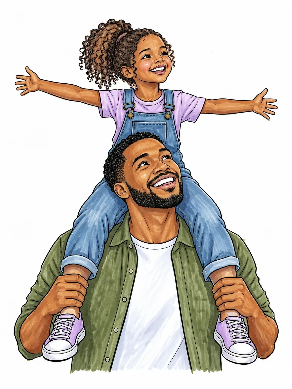 Colored example of the Father Carrying Daughter On Shoulders coloring page