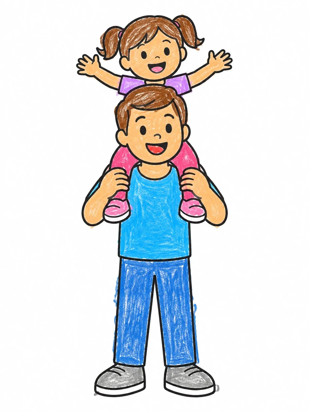 Colored example of the Father Carrying Daughter On Shoulders coloring page