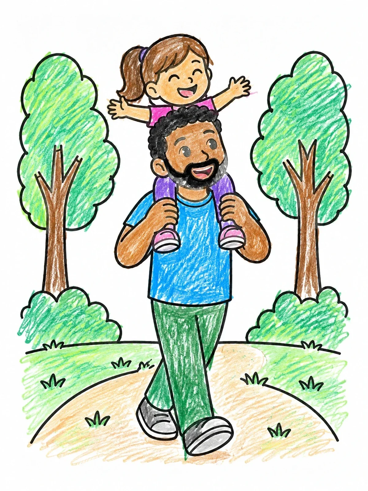 Colored example of the Father Carrying Daughter On Shoulders coloring page